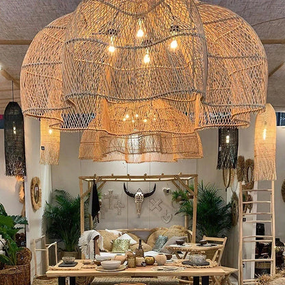 Japanese Style Wabi-sabi Retro Rattan Chandelier Creative Living Room Restaurant Box Pendants LIghts Hotel Living Room Lamps LED
