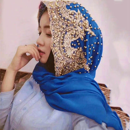 Chiffon Hijab Scarf Muslim Islamic Hijabs Scarves for Woman Long Headwraps with Bead Head Scarf Shawl Wrap Prayer Turbante