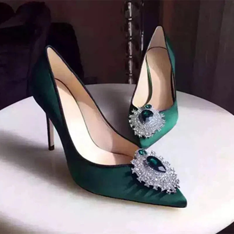 Luxury Diamond Crystal Satin Women Pumps Elegant Pointed toe Stiletto High heels Spring Autumn Fashion Wedding Banquet Shoes