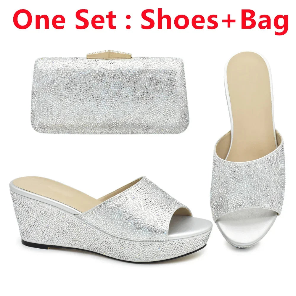 Classics Design Nigerian Women Shoes Matching Bag Set with Shinning Crystal Wedges Shoes for Women Italian Women Party Pumps