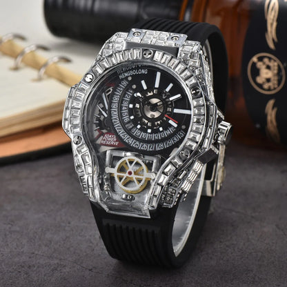 Business Full Diamond Case Luxury Top Mens Watches Rubber Strap Color Creative Decorative Quartz Watch Men AAA Clocks Relogio