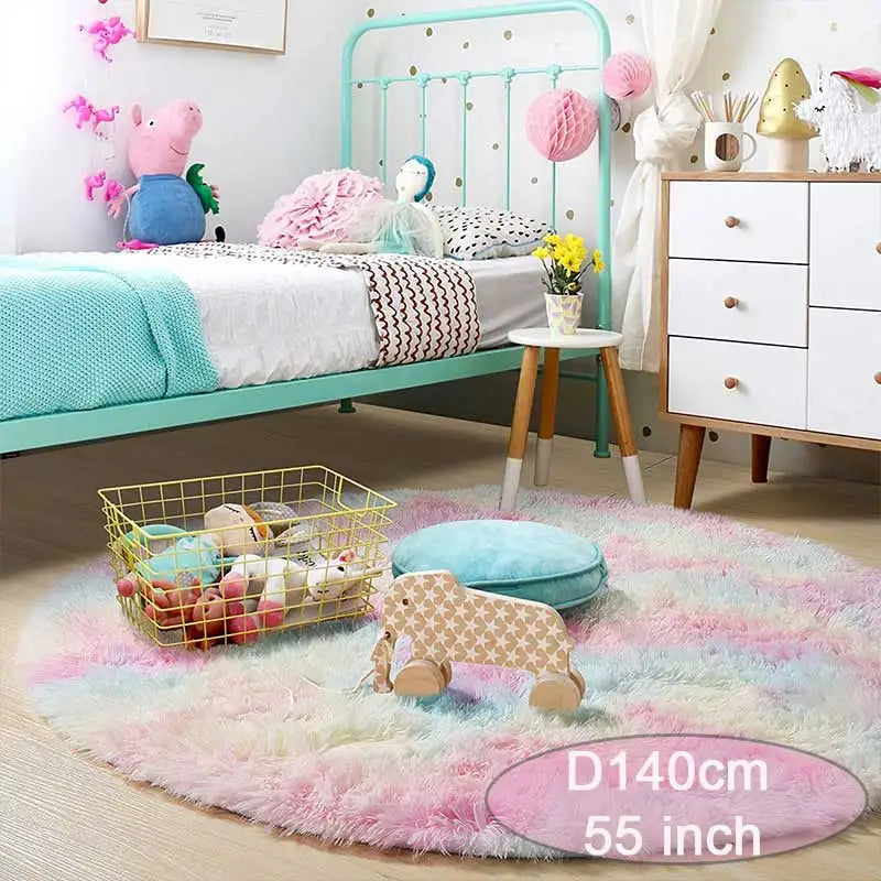 60/80/100/120/140/160 Round Rug Rainbow Fluffy Soft Area Rugs for Kids Girls Room Plush Shag Carpet Cute Circle Bedroom Decor