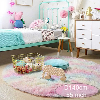 60/80/100/120/140/160 Round Rug Rainbow Fluffy Soft Area Rugs for Kids Girls Room Plush Shag Carpet Cute Circle Bedroom Decor