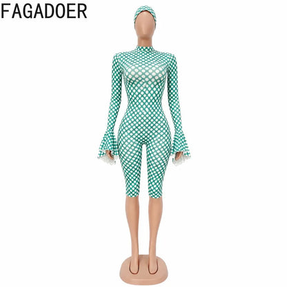FAGADOER New Polka Dot Jumpsuits Women Autumn Long Flare Sleeve Rompers with Headscraft Back Hollow Out Sexy Bodycon Streetwear