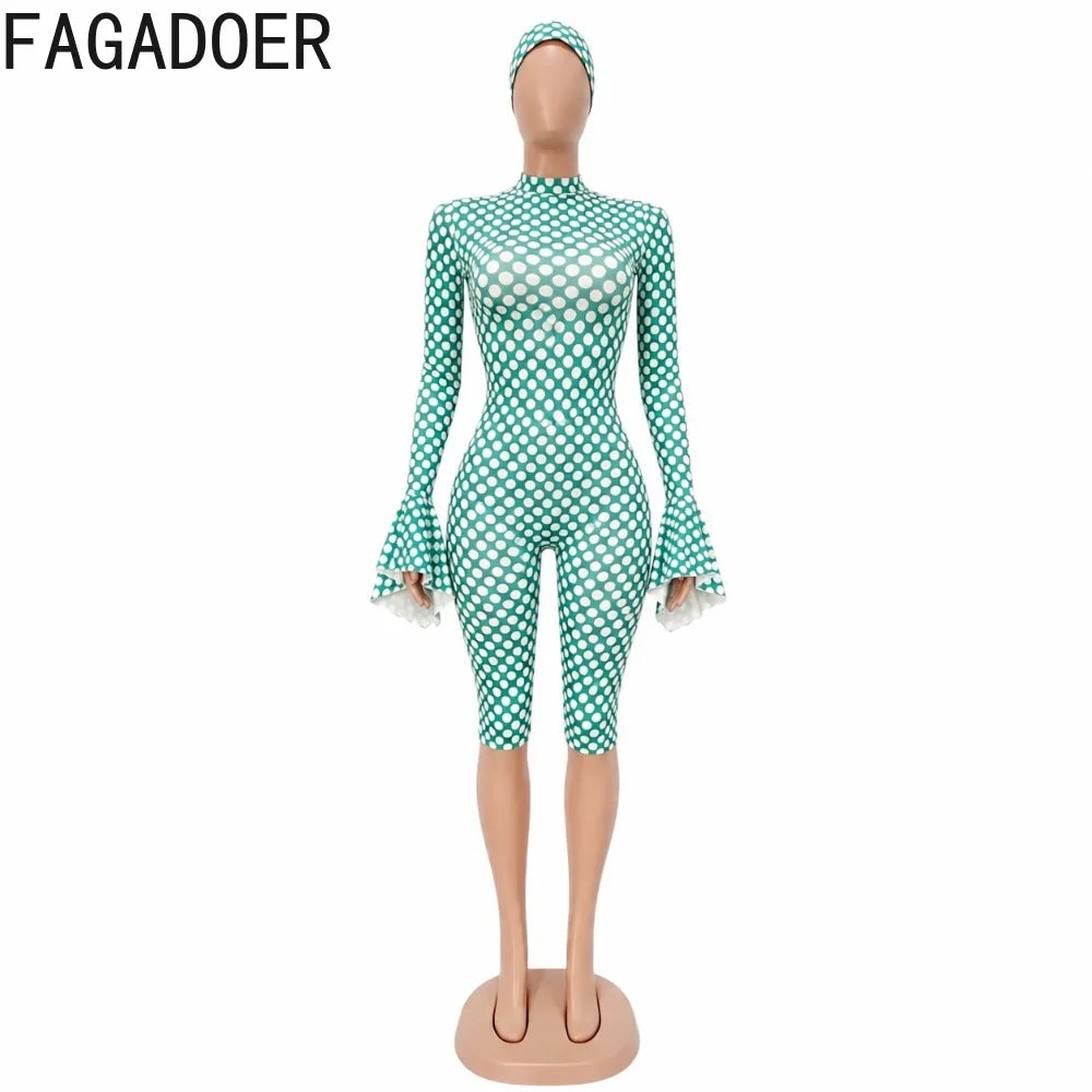 FAGADOER New Polka Dot Jumpsuits Women Autumn Long Flare Sleeve Rompers with Headscraft Back Hollow Out Sexy Bodycon Streetwear