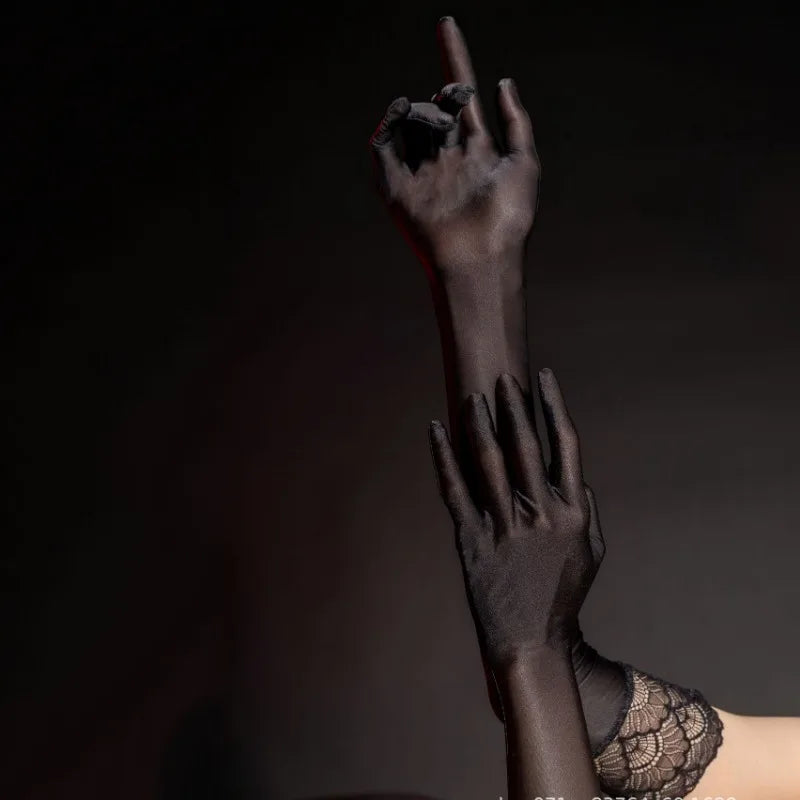 51CM Women Tight Thin Sexy Temptation Oily Lace Long Gloves Elasticity Breathable Transparent Stage Performance Opera Cosplay