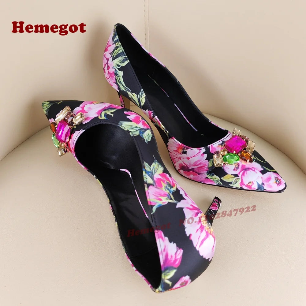 Print Flower Gemstone Pumps Pointy Toe Stiletto Heels Shallow Women's Pumps Colorful Crystals Sexy Elegant Shoes 2025 New Luxury
