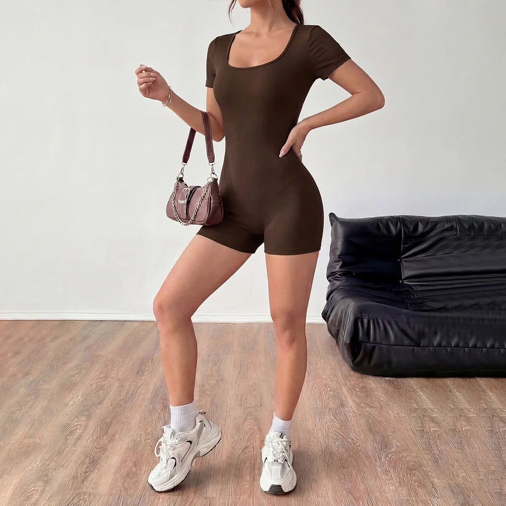 2026 Summer New Hot Girl Romper Sexy leisure sports U-Neck Short Sleeve Bodycon Shorts One-Piece Slim Jumpsuit