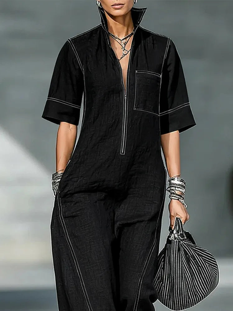 Yeezzi Women Vintage Contrast Stitch Wide Leg Jumpsuits 2026 New Half Sleeves Loose Zipper Pockets Casual Office Ladies Overalls