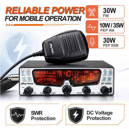 Anytone Walkie Talkie AT-5100 10m Amateur Mobile Radio SSB AM FM USB LSB CW PA 35W PEP NRC Noise Reduction HF CB Transceiver