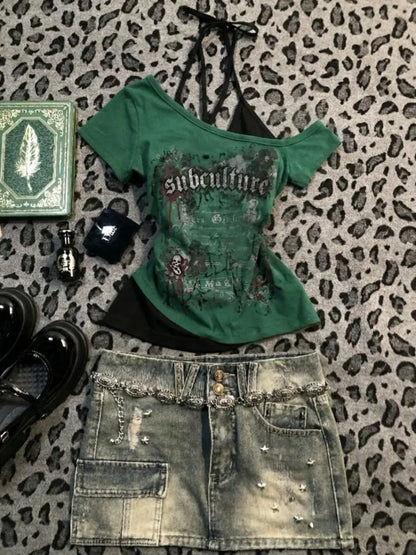 American Vintage Letter Print Fake Two Halter T-shirt Women Short Sleeve Patchwork Slim Crop Tops Y2k Aesthetic Harajuku Tees