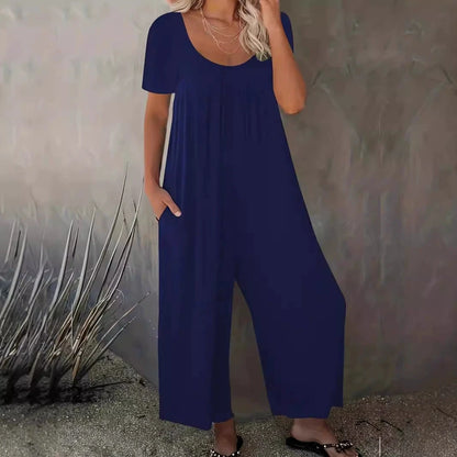 Plus Size 0XL-5XL Summer Rompers Overalls Women's Solid Color Jumpsuit with Pockets Casual Fashion Short Sleeve Jumpsuits