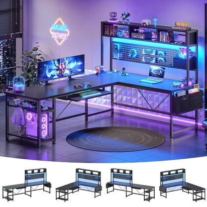 67" Reversible L Shaped Gaming Computer Desk, Pegboard, LED Lights, Power Outlet & Keyboard Tray for Home Office, Custom