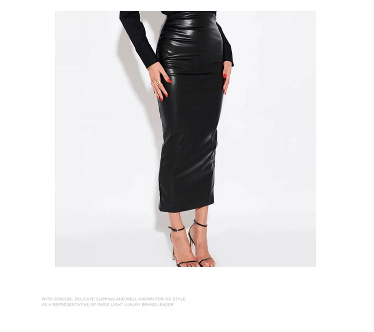 Lautaro-Women's Soft Stretchy PU Leather Ruched Pencil Skirt, High Waist Office Wear, Black, Luxury, Elegant, 2024