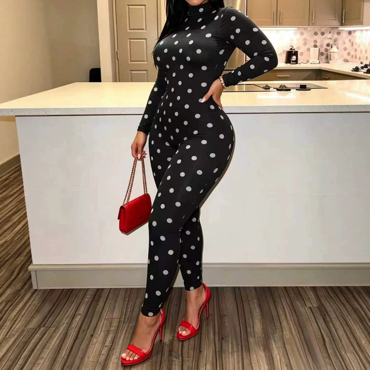Sexy Women Polka Dot Bodycon Jumpsuit High Neck Long Sleeve Slim Fit One Piece Y2K Clubwear Party Outfit