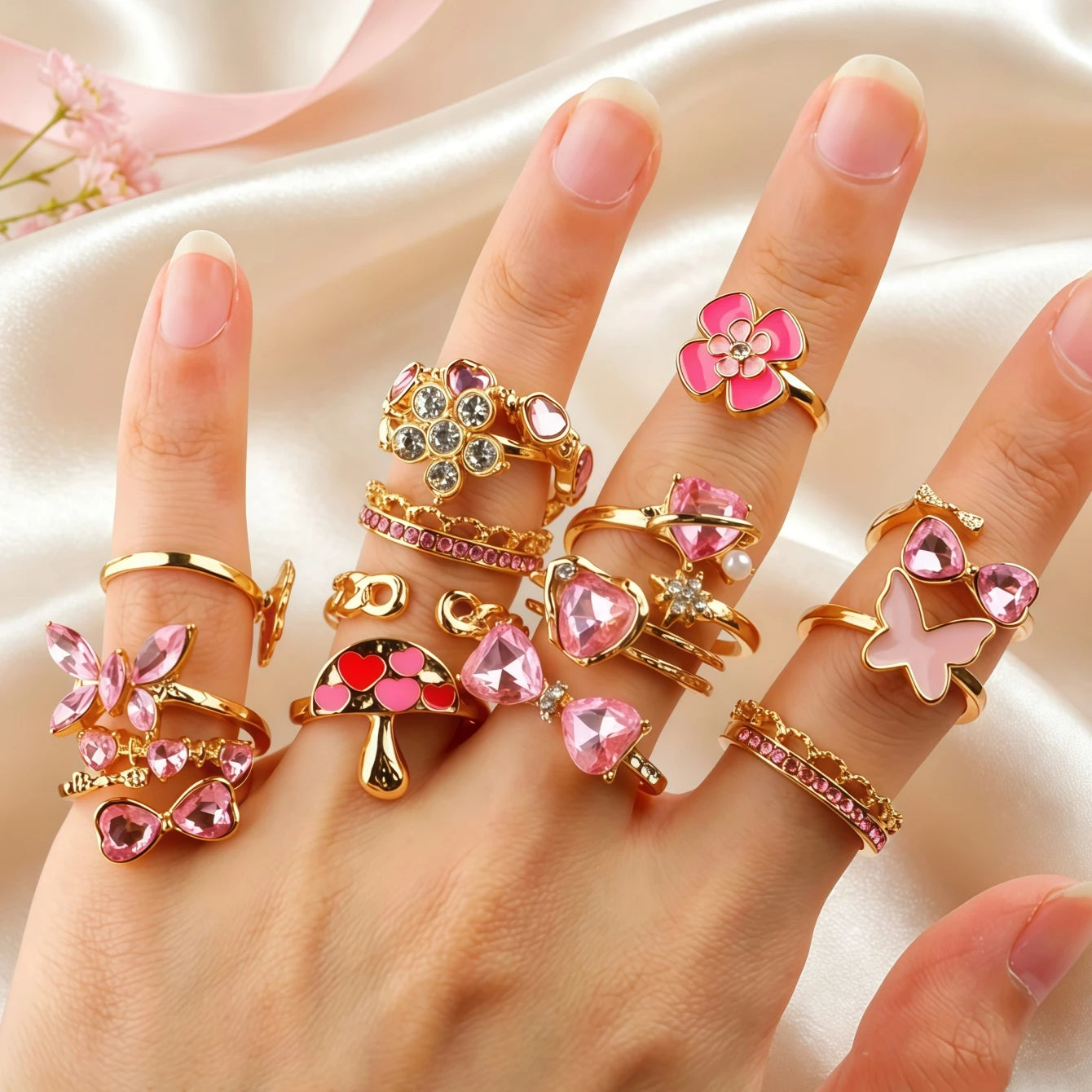 10Pieces Fashion Pink Rhineston Rings Set For Women Mix Style Butterfly Heart Love Open Adjustion Daily Jewelry Party Gifts