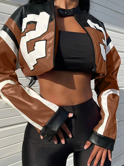 2025 New Women's Artificial Leather Jacket PU Leather Short Jacket Digital Printed Fashion Streetwear Motorcycle Casual Jacket