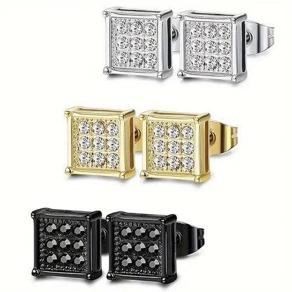 2pcs Stainless Steel Stud Earrings for Men Women Square CZ Mens Earrings Studs Jewelry for Sensitive Ears Fashion Hip Hop Y2K