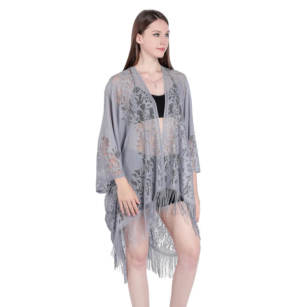 Women Sun Protection Shawl Lady Summer Hollow Out Lace Cardigan Holiday Bikini Blouse Breathable Beach Cape Sexy Long Tippet