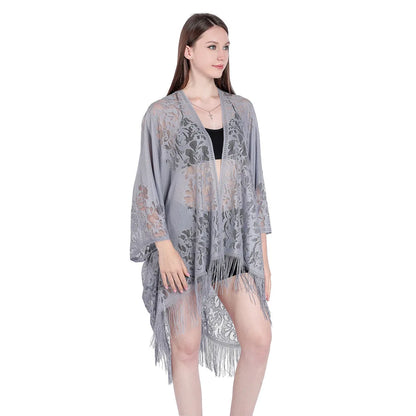 Women Sun Protection Shawl Lady Summer Hollow Out Lace Cardigan Holiday Bikini Blouse Breathable Beach Cape Sexy Long Tippet