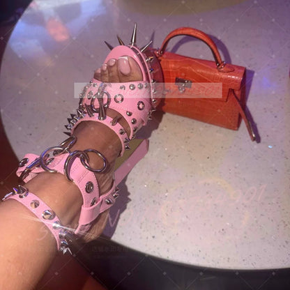 Pink Studded Platform Heels Sandals Women Metal Spikes Buckle Strap Peep Toe Block Heels Sandals Gothic Punk Ring Leather Shoes