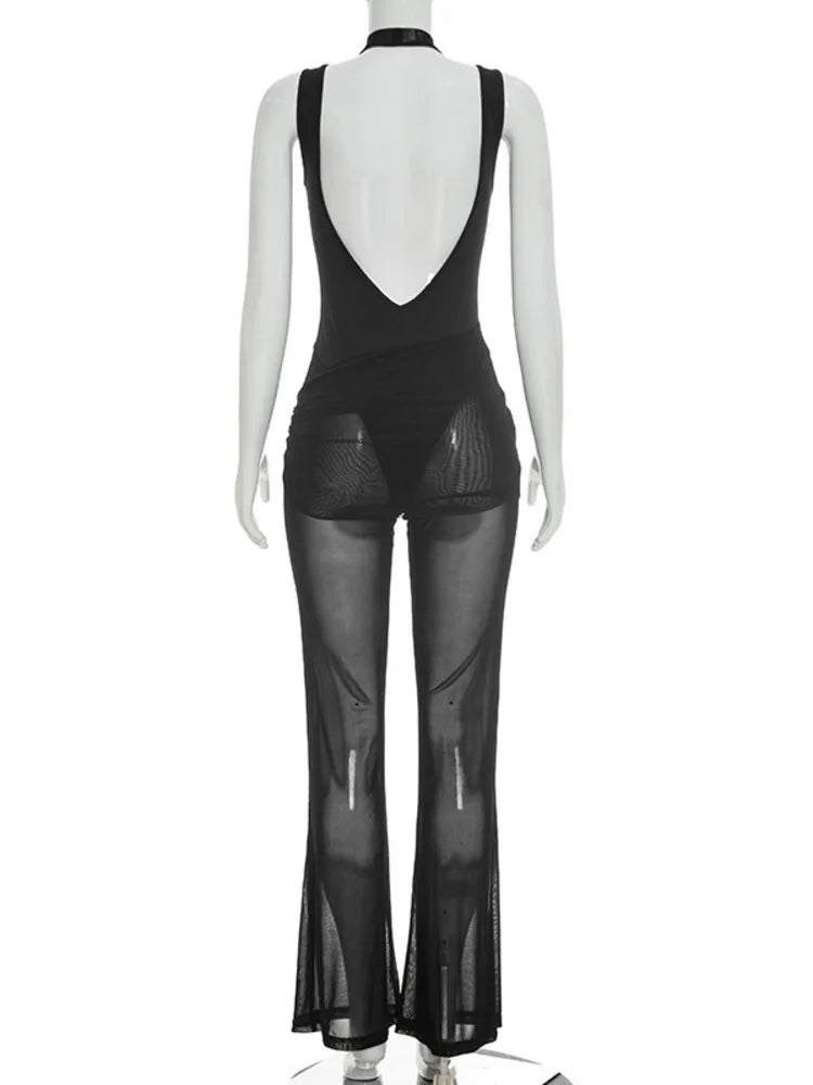 Sibybo Sleeveless Sheer Mesh Patchwork Women Jumpsuit Black Backless Ribbons High Stretch Bodycon Rompers Female Party Clubwear