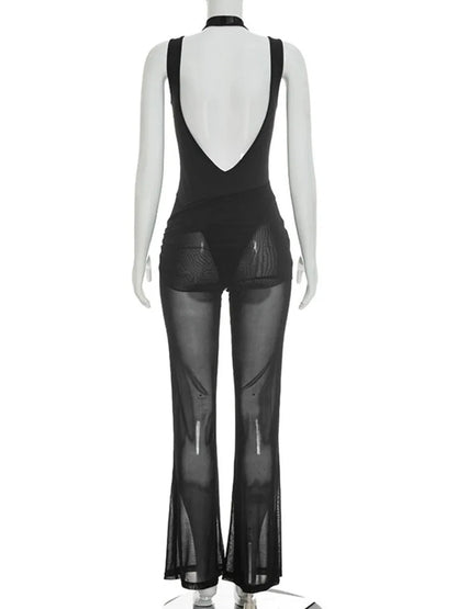 Sibybo Sleeveless Sheer Mesh Patchwork Women Jumpsuit Black Backless Ribbons High Stretch Bodycon Rompers Female Party Clubwear