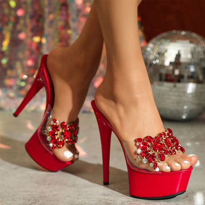 Luxury Rhinestones Transparent Slippers Women Platform Thin High Heels Model Catwalk Sandals 15CM Summer Night Club Stage Shoes