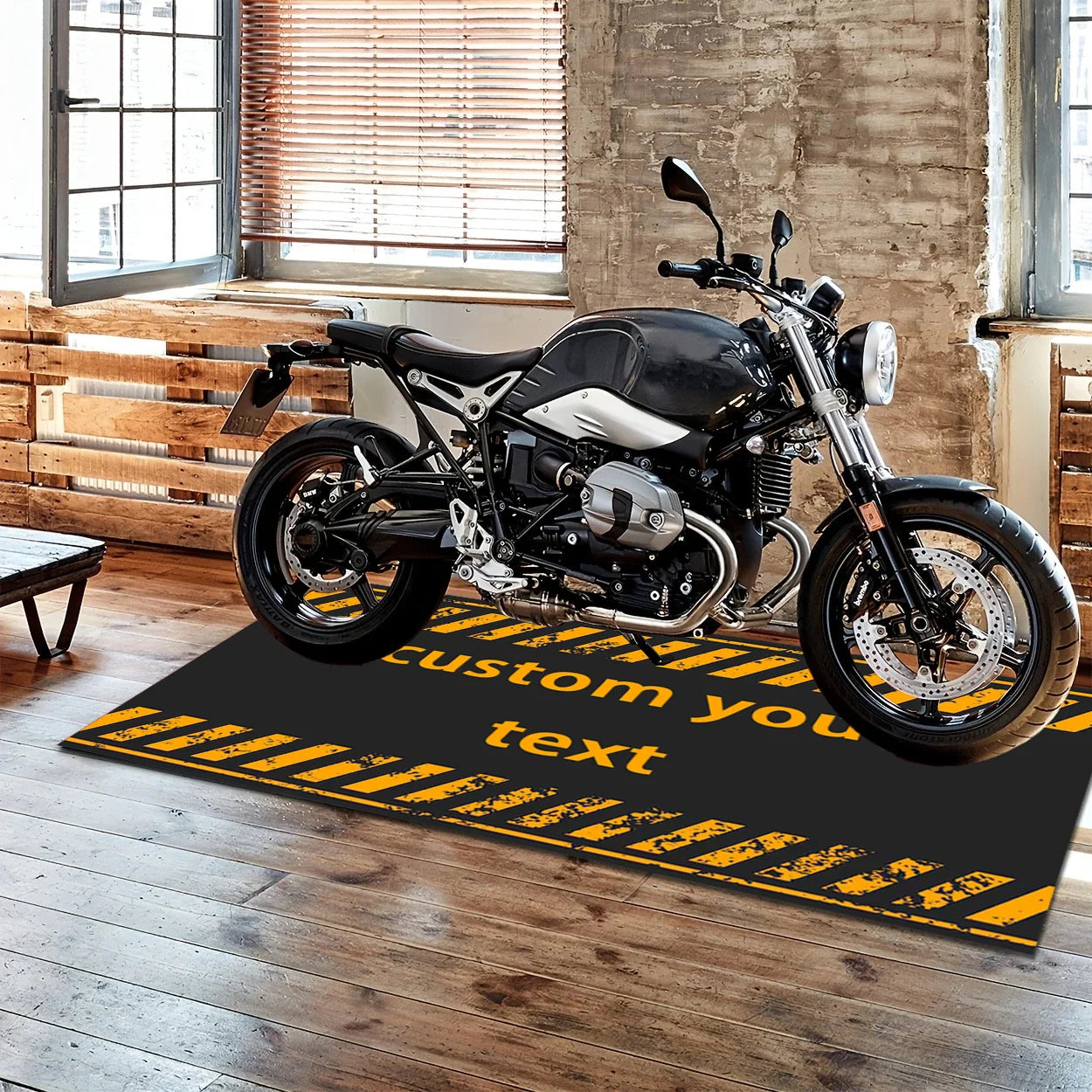 VIKAMA Motorcycle Garage Floor Mat, Warning Stripe Oil-Resistant Workshop Rug, Personalized Biker Decor Carpet