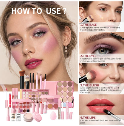 All in One Makeup Kit Lipstick, Blush, Contour Palette, Primer, Foundation Brush Lipgloss Eyebrow Full Makeup Kit Gift for Woman