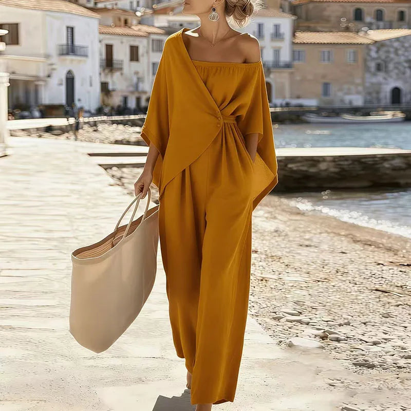 Fashion Streetwear Jumpsuits for Woman Spring Off Shoulder Batwing Sleeve Wrap Tie Waist Rompers Elegant Wide Leg Overalls Mujer