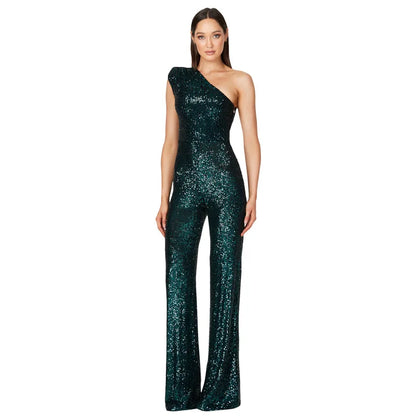 Women Elegant Long Jumpsuits Slanted Collar Party 2026 Sexy Glitter Sequin Club Playsuits Fashion Backless Solid Romper