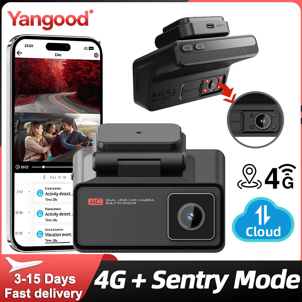 4G LTE Dashcam with Front And Inside Lens Two-Way Talk Car DVR GPS Remote Live-View 24/7 Parking IR Night Vision Security Camera