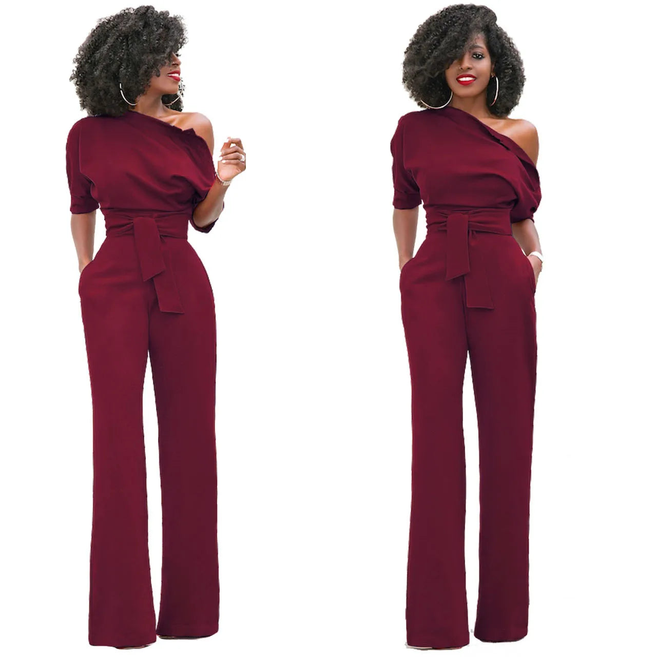 2024 Summer New Fashion Women's Jumpsuit Solid Color Slanted Shoulder Elegant Temperament Sleeveless Long Wide Leg Jumpsuit