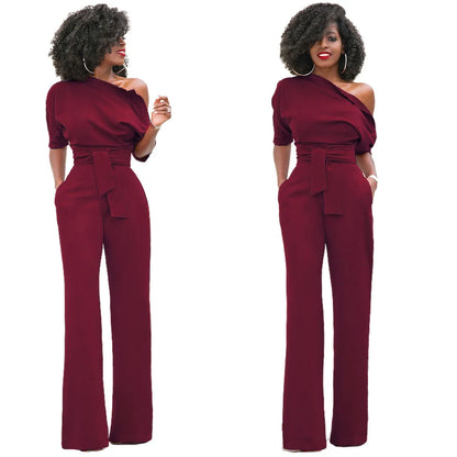 2024 Summer New Fashion Women's Jumpsuit Solid Color Slanted Shoulder Elegant Temperament Sleeveless Long Wide Leg Jumpsuit