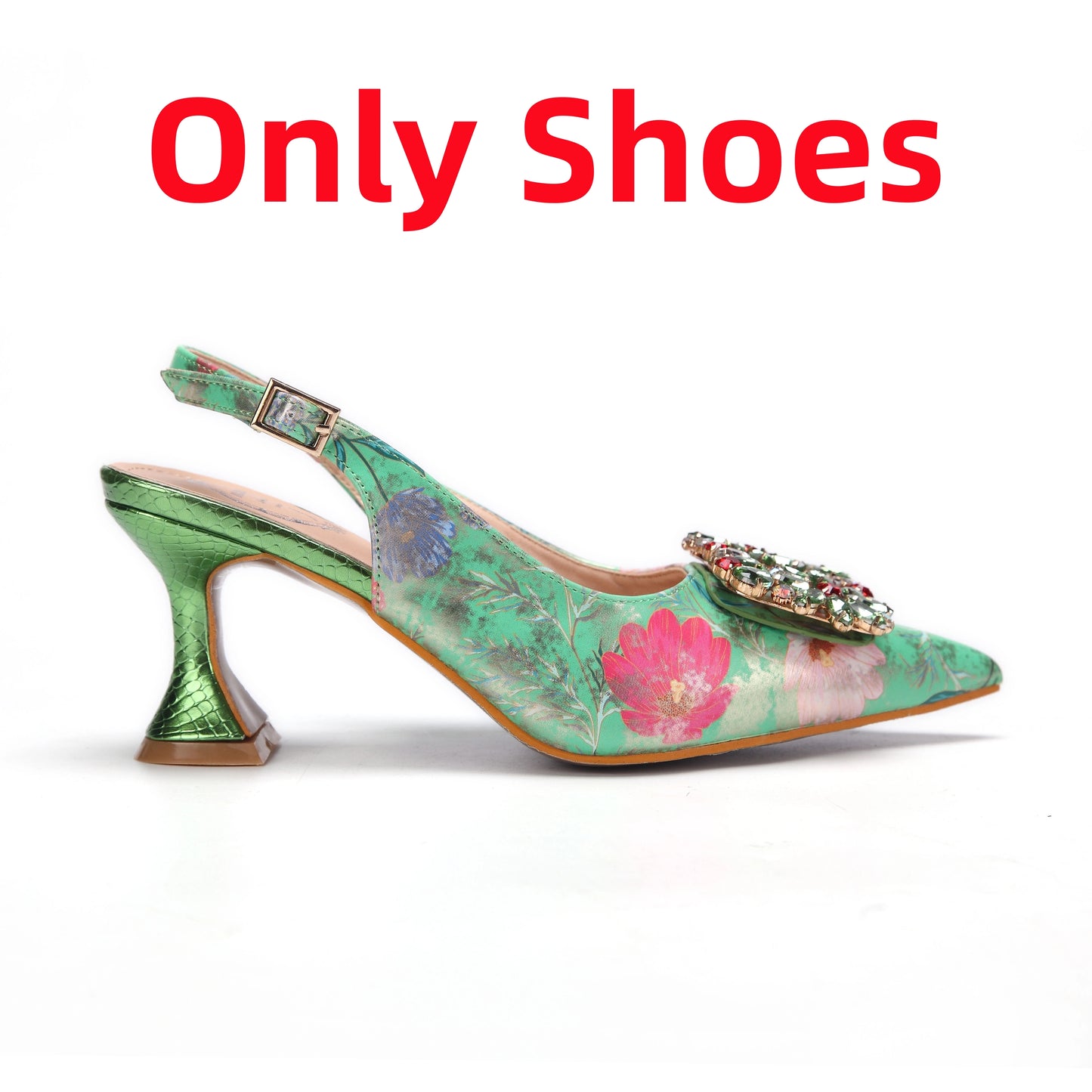 Newest Green Color Print Design High Heels Decorated with Water Rhinestone Party Women's Shoes and Bags Set