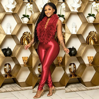 FAGADOER Women Faux Fur Halter Jumpsuit Deep V Neck Sleeveless Shiny Bodycon Long Pants Sexy Party Clubwear One Piece Outfit