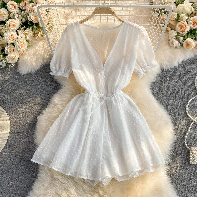 2025 Summer Women Playsuit Polka Dot See Through Thin Beach Rompers Sexy V-neck Short Sleeve Drawstring Sash Slim Waist Overalls
