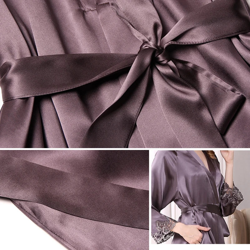 100% Silk Pajamas for Women Spring Summer Cami Nightgown & Robe Two-Piece Set Loungewear Silk Bathrobe Sleepwear