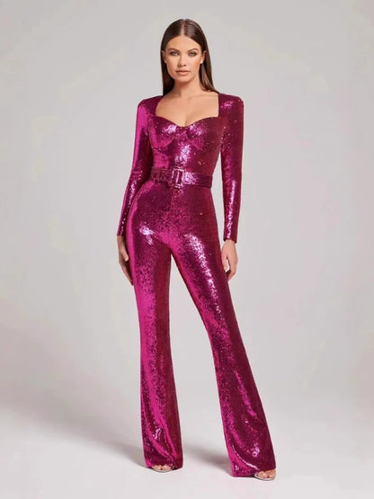 Jumpsuits Women Sequin One Piece Floor Length Pant Overalls Full Sleeve Bodycon Party Night Rompers Splice High Waist Belt