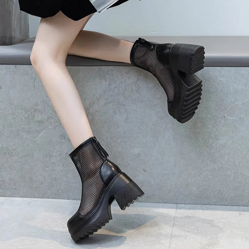 Square Heel Single Boots Summer New Round Head Splicing Mesh Back Zipper Waterproof Platform Non-slip Short Boots