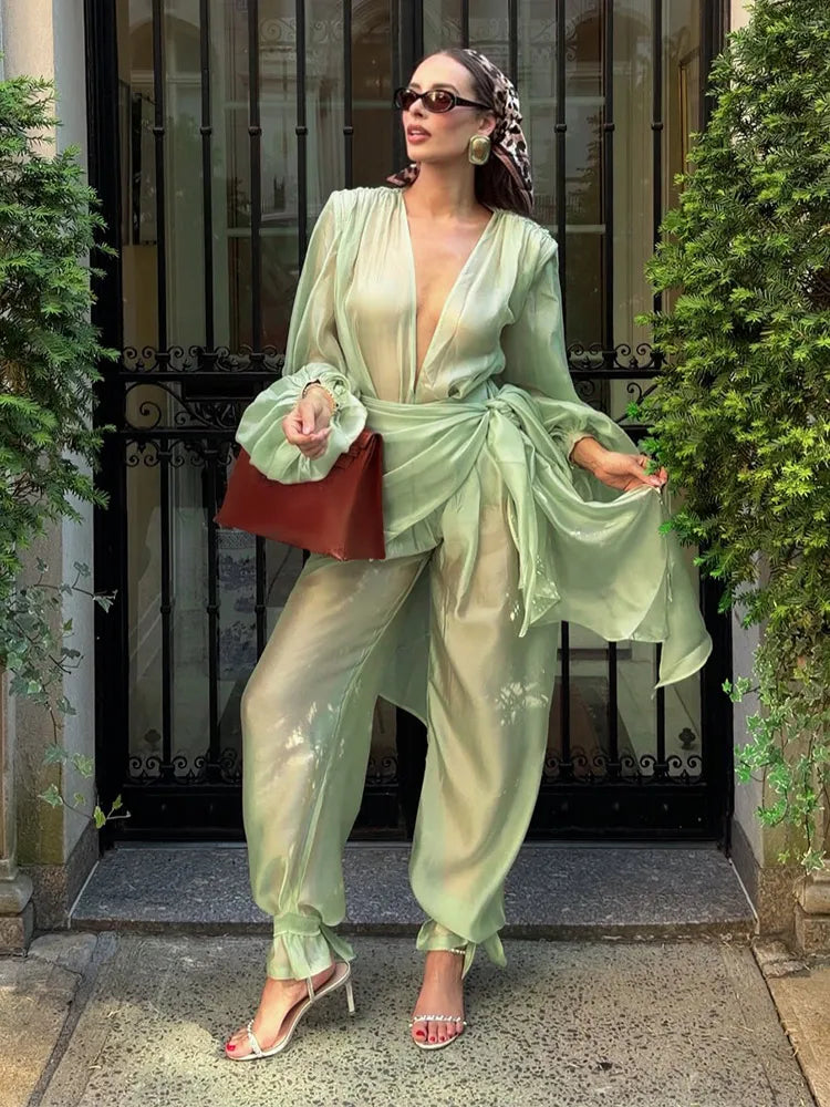 Sexy See Through Women's Jumpsuit V-Neck Long Lantern Sleeve Lace-Up Scarf Lady Rompers 2026 Summer Autumn Female Wear New