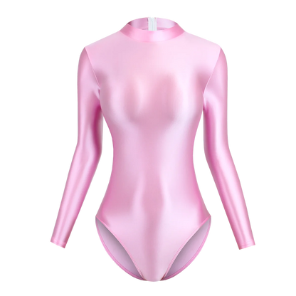 Satin Glossy Leotards Long Sleeve Back Zipper One Piece Swimsuit Sexy High-Cut Bikini Bodysuit Women Bathing Suit Plus Size