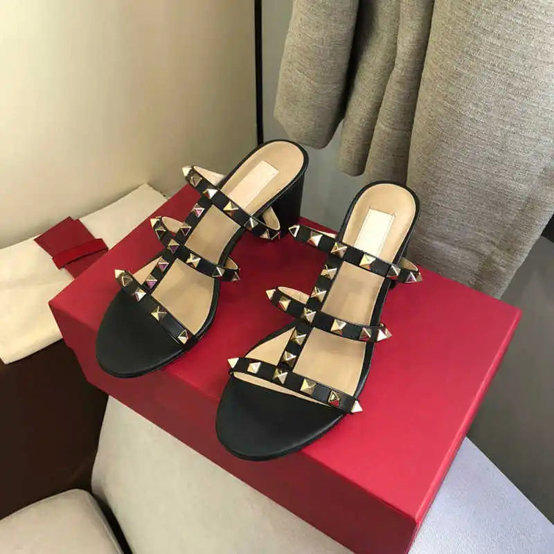 Luxury Women's Shoes Gladiator Shoes Woman 2026 Trend for Women's Sandals Summer Slippers Chunky Heel Leather Rivets High Heels
