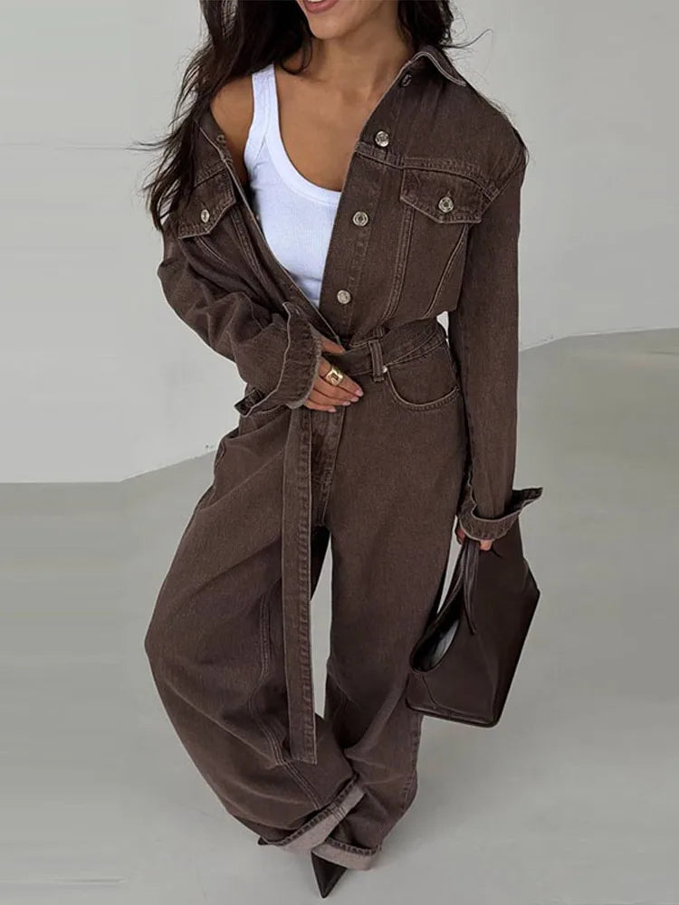 Chic Denim Women's Jumpsuit Turn-Down Collar Lace Up Full Sleeve Lady Long Jumpsuits 2026 Spring Casual Female Streetwear