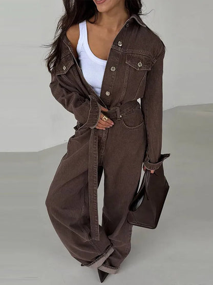 Chic Denim Women's Jumpsuit Turn-Down Collar Lace Up Full Sleeve Lady Long Jumpsuits 2026 Spring Casual Female Streetwear