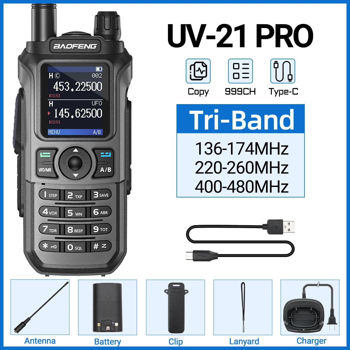 Baofeng UV-21 Pro V2 Wireless Copy Frequency Tri Band Powerful Waterproof Long Range UV-5R Long Range Type-C Two Way Ham Radio