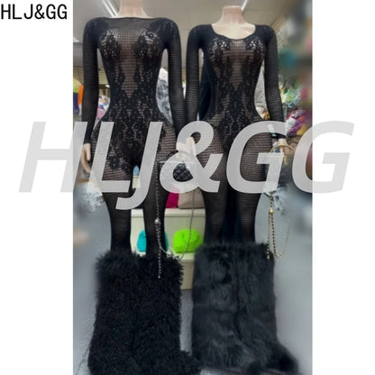 HLJ&GG Black Sexy High Quality Stretchy Knit See Though Bodycon One Piece Jumpsuits Women Long Sleeve Slim Playsuits Streetwear