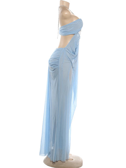 Nibber Prom Party Gown Dress Woman Sexy See Through Luxury Chain Halter Low-Neck Backless Sleeveless Midnight Elegant Vestidos