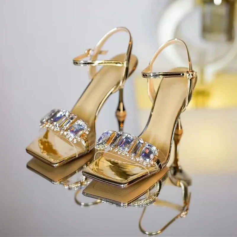 Gold Silver High Heels Sandals Women 2025 Summer Square Toe Shiny Crystal Sandals Woman Ankle Straps Thin Heel Party Pumps Shoes